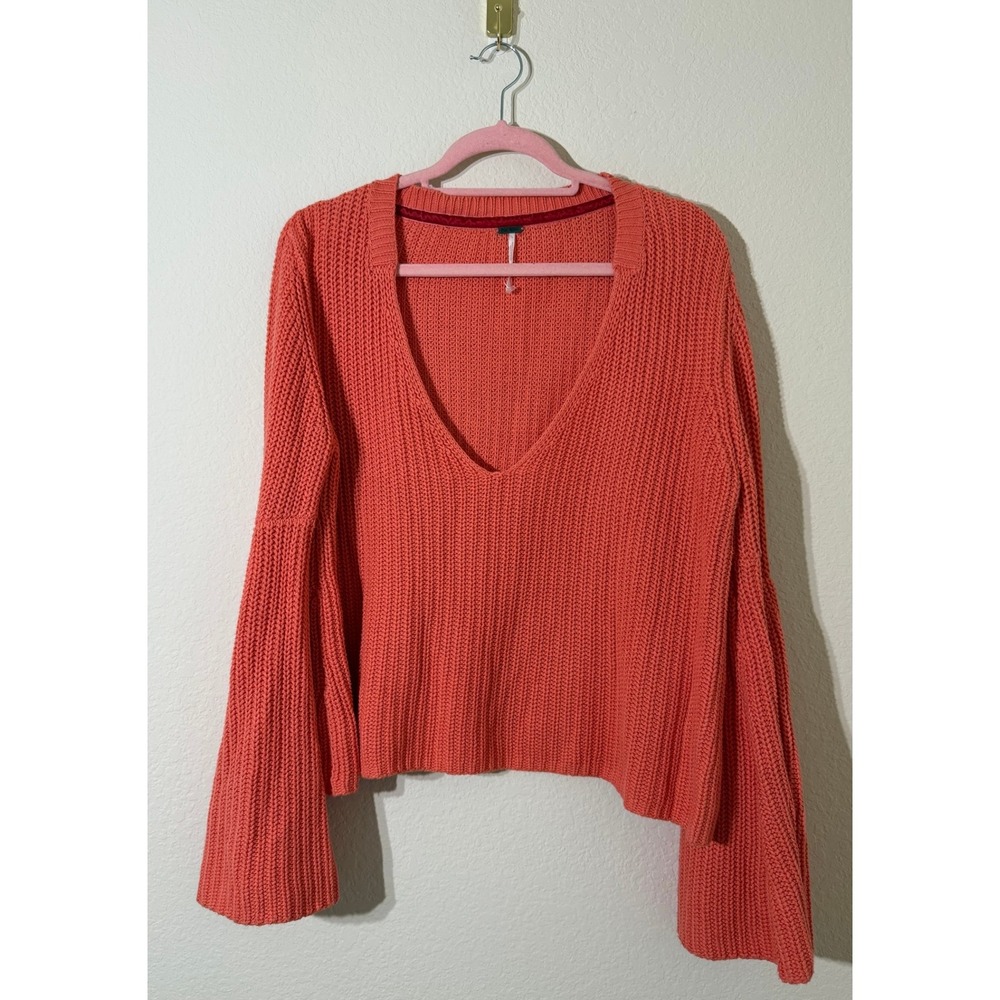 Free People Women's Orange Damsel Bell Sleeve V-Neck Sweater Size Med Bohemian